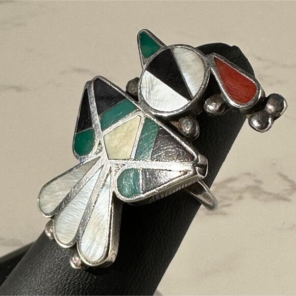 Early Vintage Zuni Native American Bird Ring Inlaid Gemstones Size 5 - Picture 11 of 13